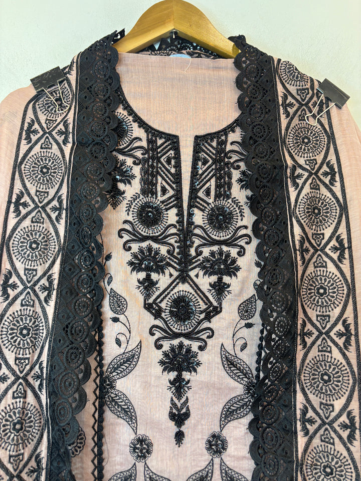 Peach Mul Cotton A-Line Embroidered Suit Set with Bead &amp; Tassel Detailing
