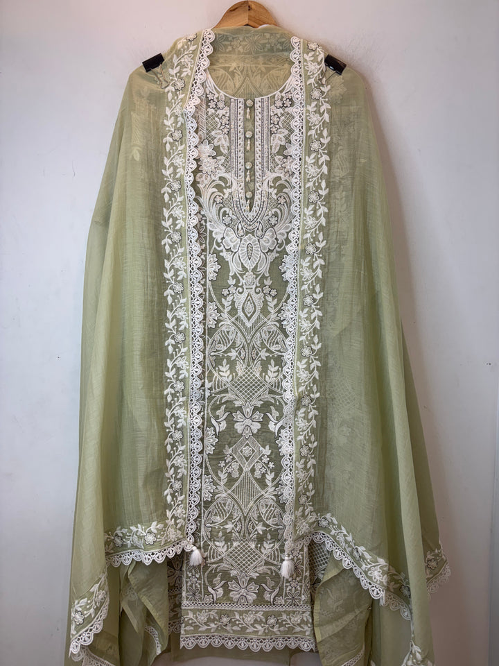 Green Mul Cotton Embroidered Suit Set with Tassel &amp; Crochet Lace Detailing