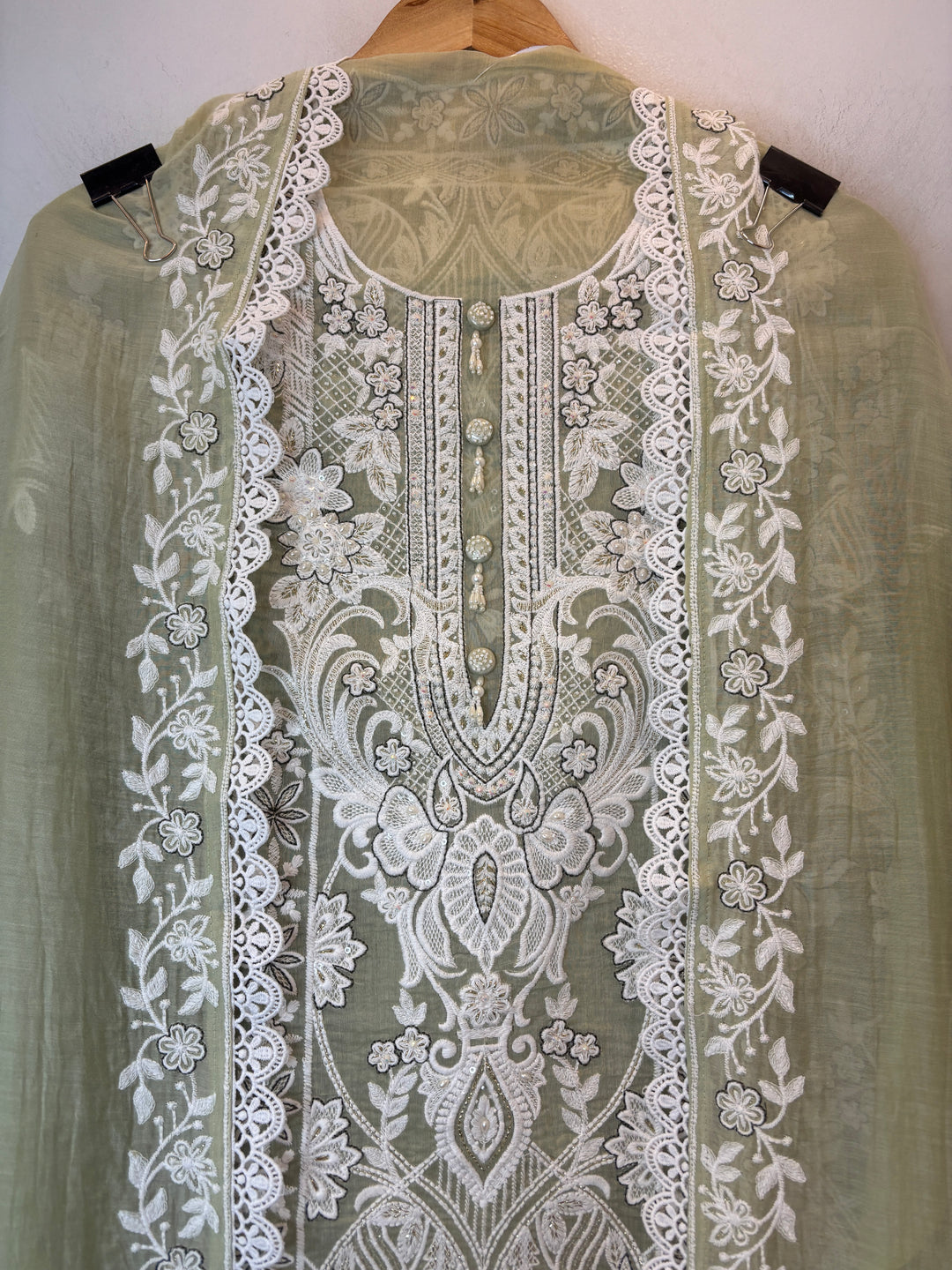 Green Mul Cotton Embroidered Suit Set with Tassel &amp; Crochet Lace Detailing