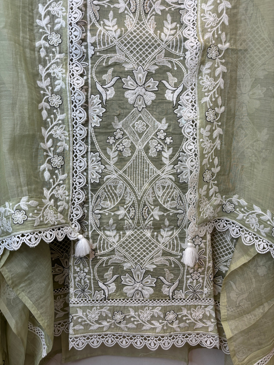 Green Mul Cotton Embroidered Suit Set with Tassel &amp; Crochet Lace Detailing