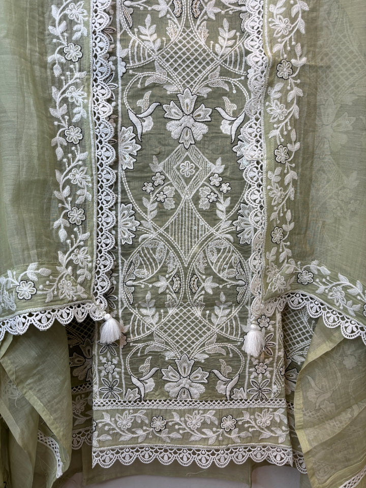 Green Mul Cotton Embroidered Suit Set with Tassel &amp; Crochet Lace Detailing