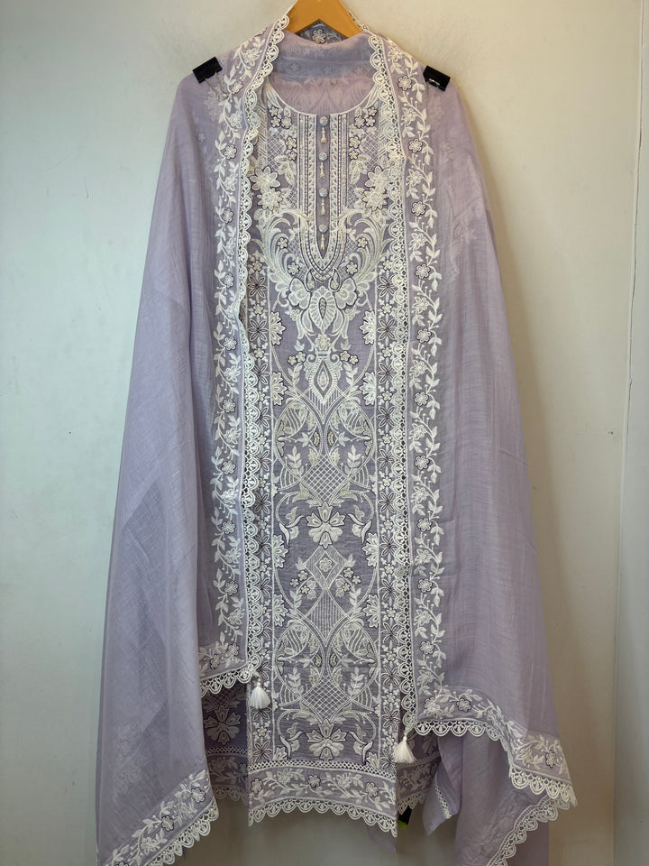 Purple Mul Cotton Embroidered Suit Set with Tassel &amp; Crochet Lace Detailing
