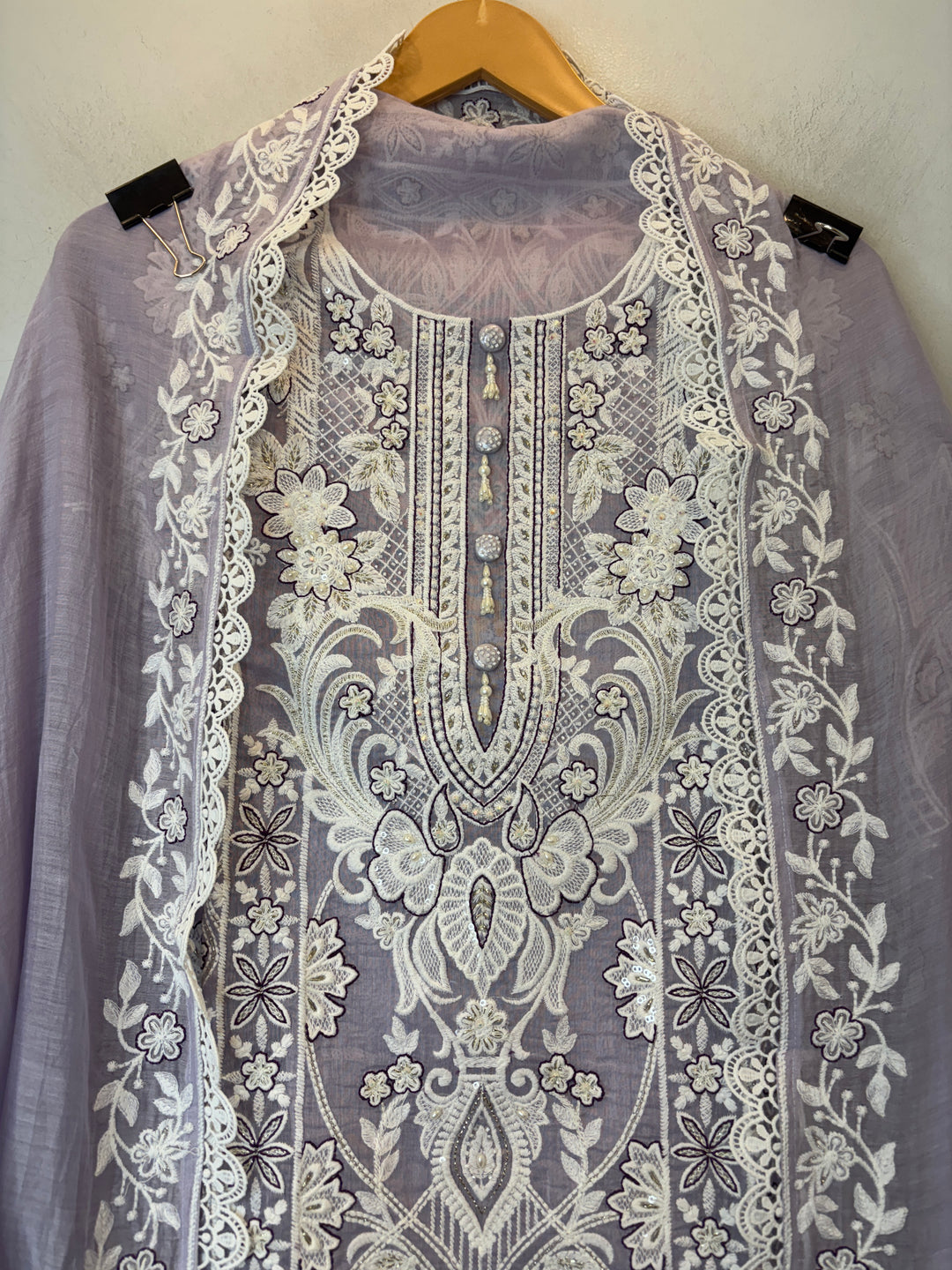 Purple Mul Cotton Embroidered Suit Set with Tassel &amp; Crochet Lace Detailing