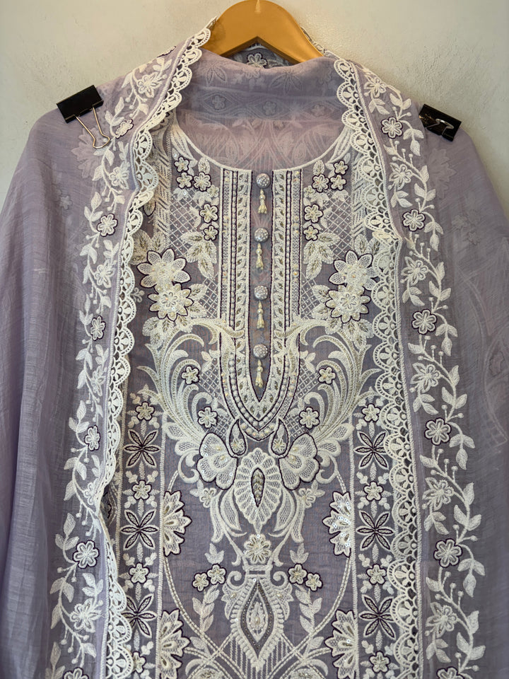Purple Mul Cotton Embroidered Suit Set with Tassel &amp; Crochet Lace Detailing