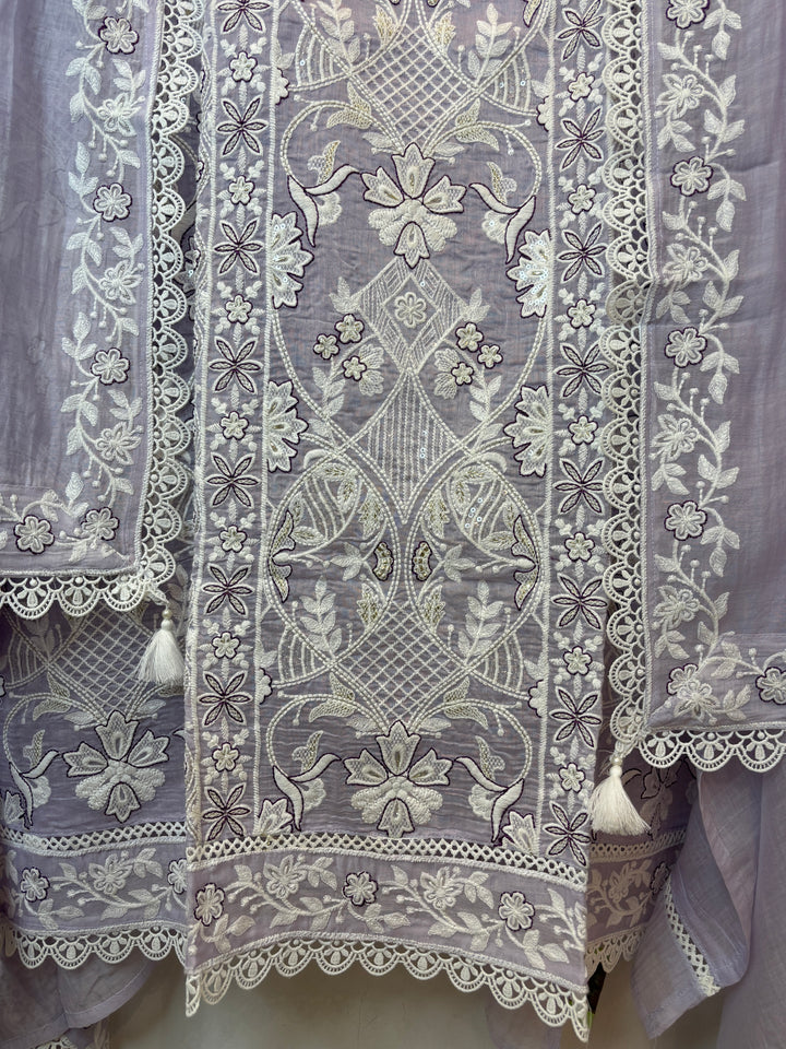 Purple Mul Cotton Embroidered Suit Set with Tassel &amp; Crochet Lace Detailing