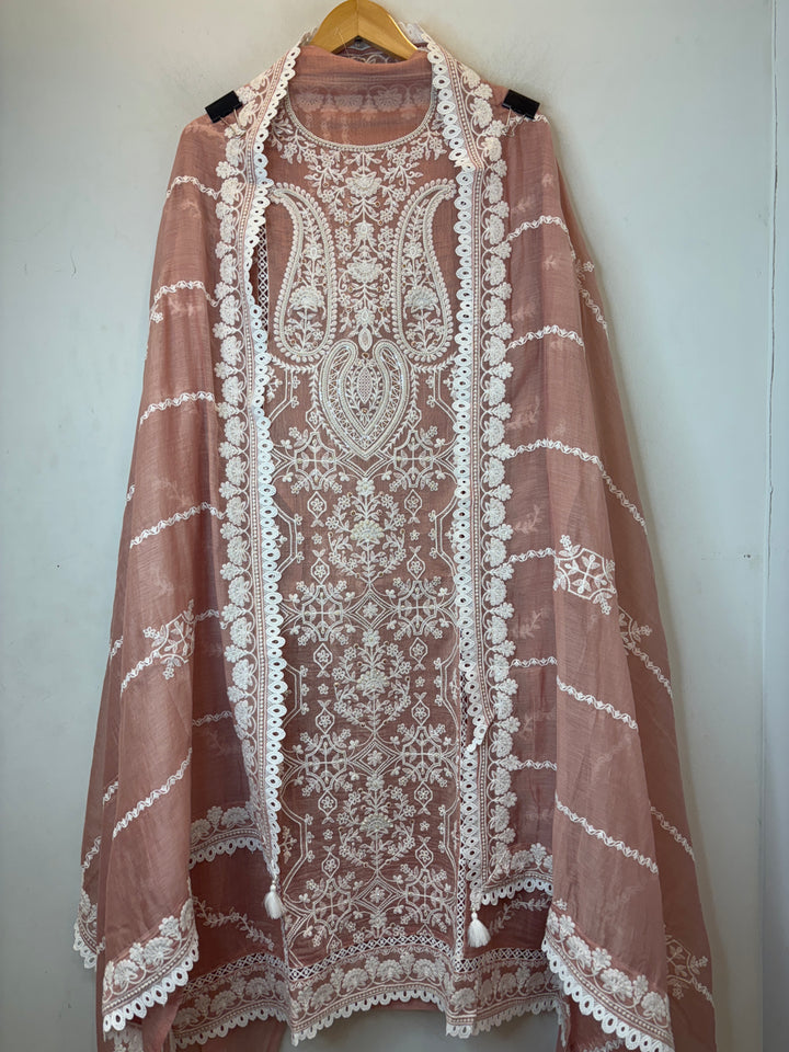 Peach Mul Cotton Embroidered Suit Set with Pearl, Sequin &amp; Zari Work