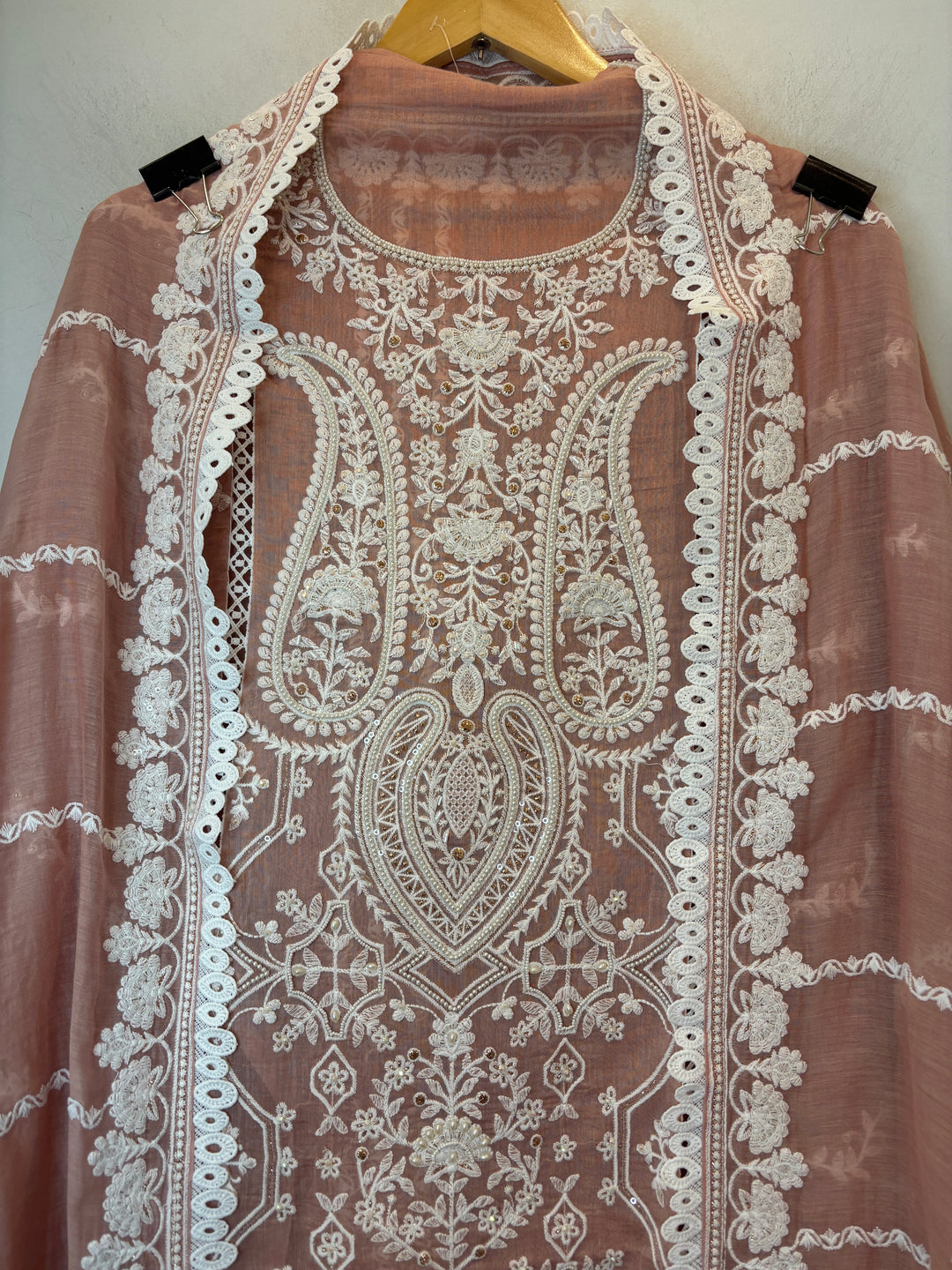 Peach Mul Cotton Embroidered Suit Set with Pearl, Sequin &amp; Zari Work
