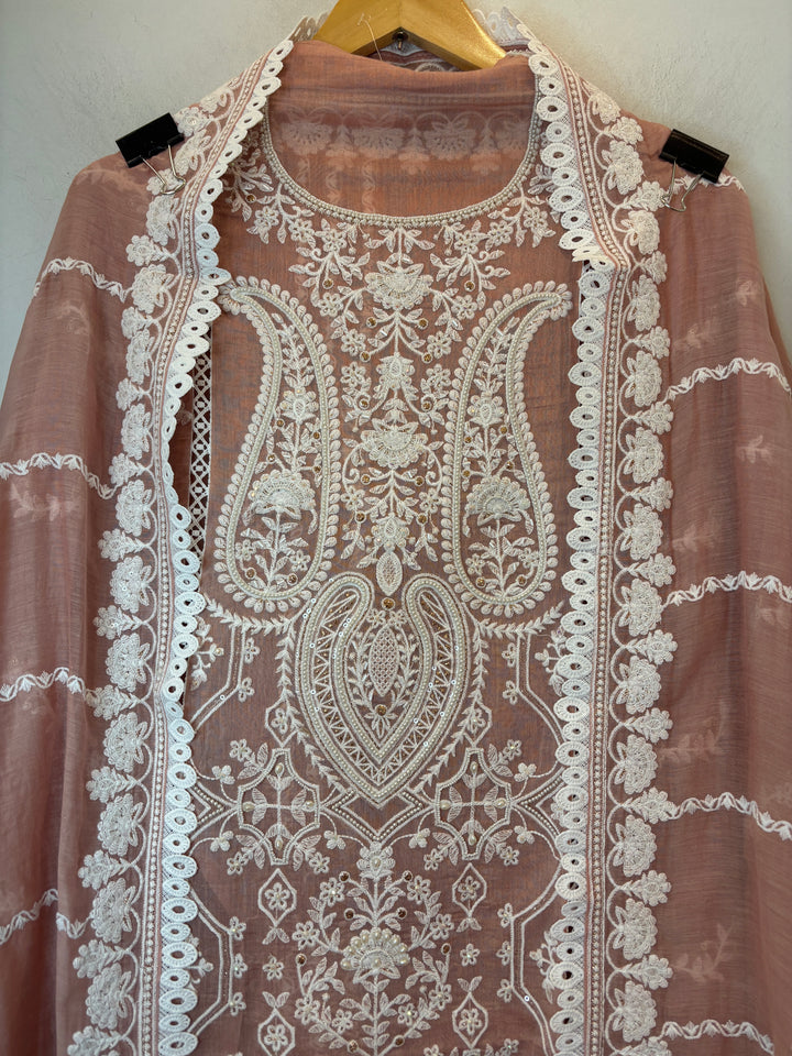 Peach Mul Cotton Embroidered Suit Set with Pearl, Sequin &amp; Zari Work