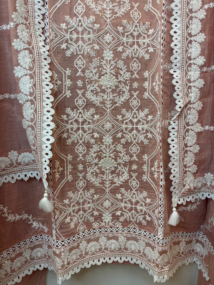 Peach Mul Cotton Embroidered Suit Set with Pearl, Sequin &amp; Zari Work