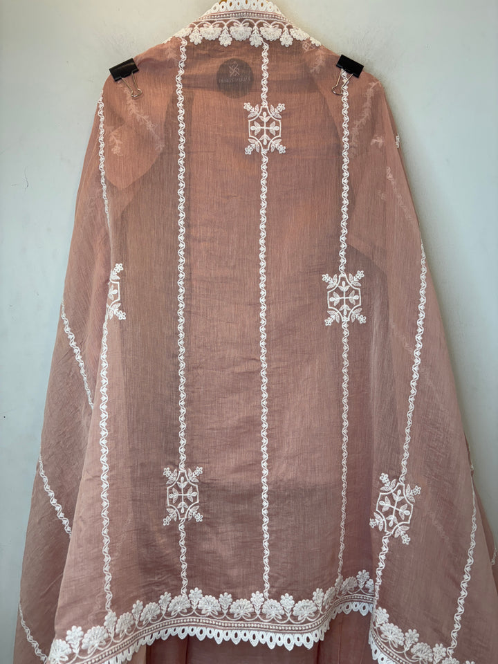Peach Mul Cotton Embroidered Suit Set with Pearl, Sequin &amp; Zari Work