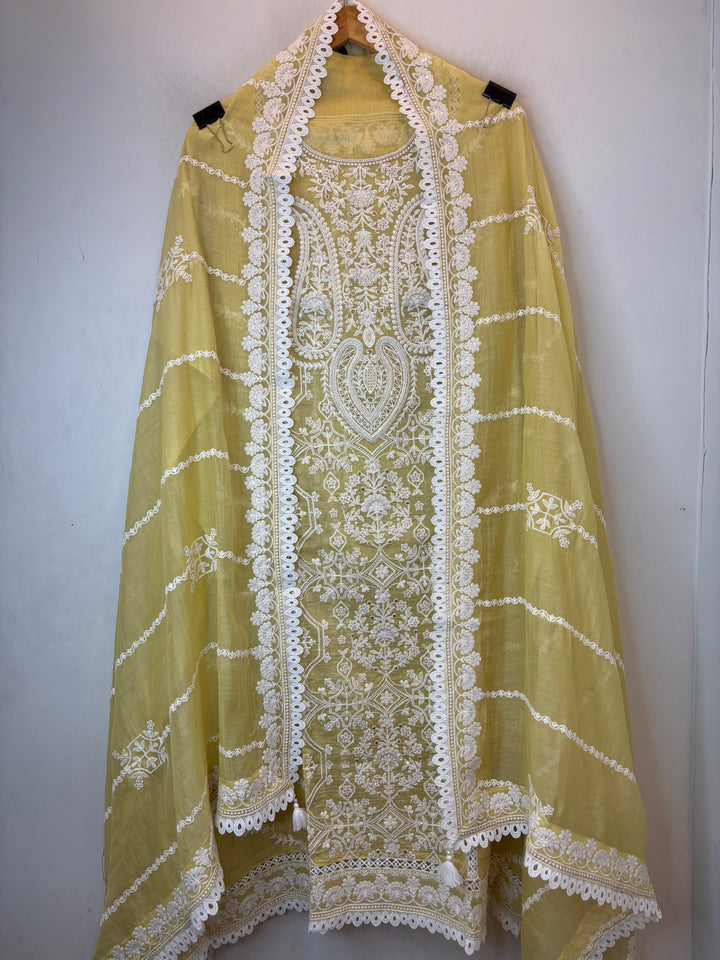 Yellow Mul Cotton Embroidered Suit Set with Pearl, Sequin &amp; Zari Work