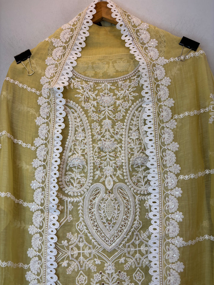 Yellow Mul Cotton Embroidered Suit Set with Pearl, Sequin &amp; Zari Work