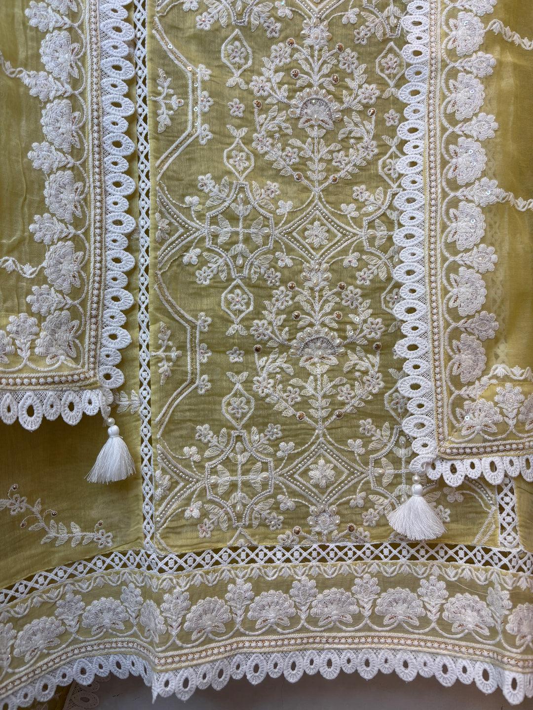 Yellow Mul Cotton Embroidered Suit Set with Pearl, Sequin &amp; Zari Work