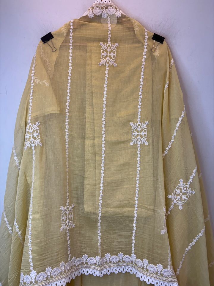 Yellow Mul Cotton Embroidered Suit Set with Pearl, Sequin &amp; Zari Work