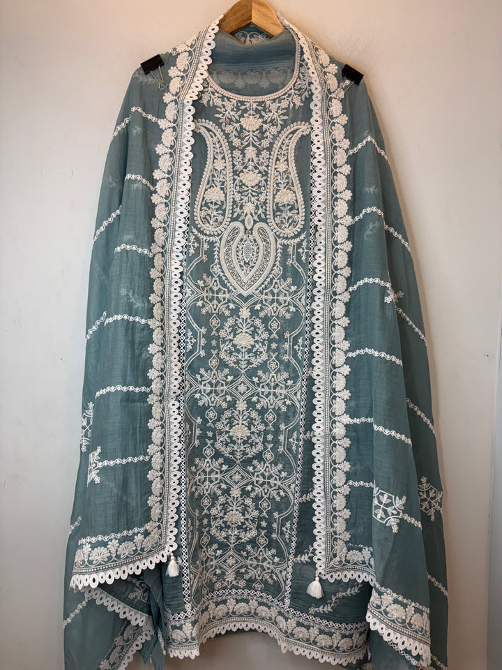 Blue Mul Cotton Embroidered Suit Set with Pearl, Sequin &amp; Zari Work