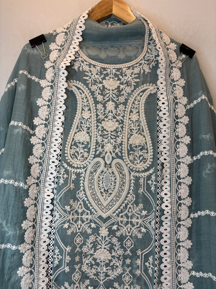 Blue Mul Cotton Embroidered Suit Set with Pearl, Sequin &amp; Zari Work