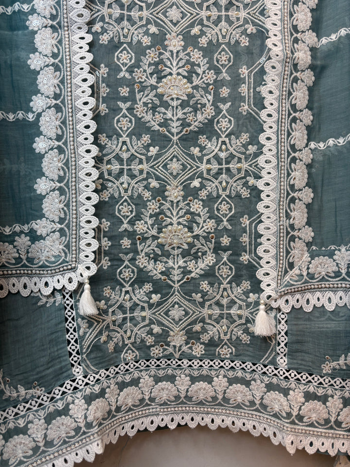 Blue Mul Cotton Embroidered Suit Set with Pearl, Sequin &amp; Zari Work
