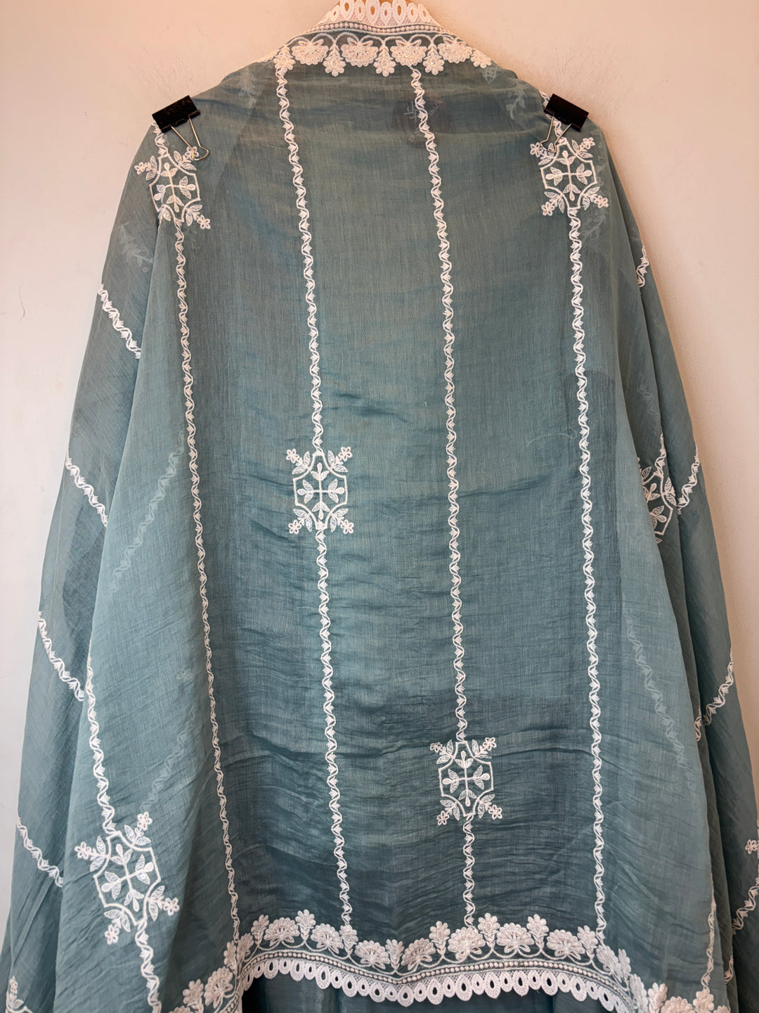 Blue Mul Cotton Embroidered Suit Set with Pearl, Sequin &amp; Zari Work