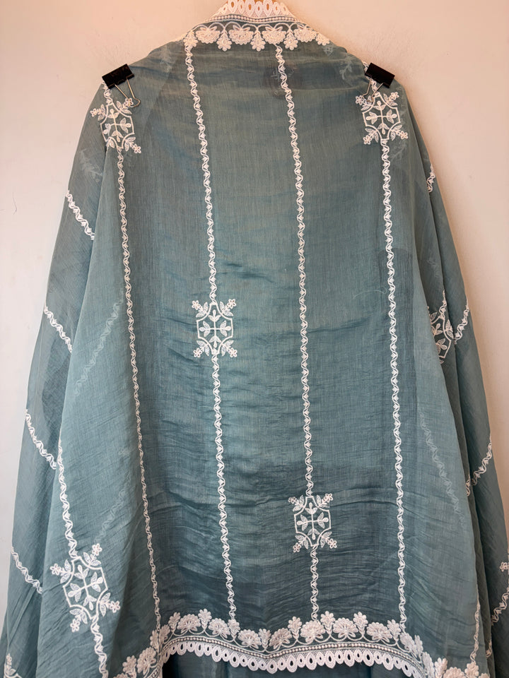 Blue Mul Cotton Embroidered Suit Set with Pearl, Sequin &amp; Zari Work