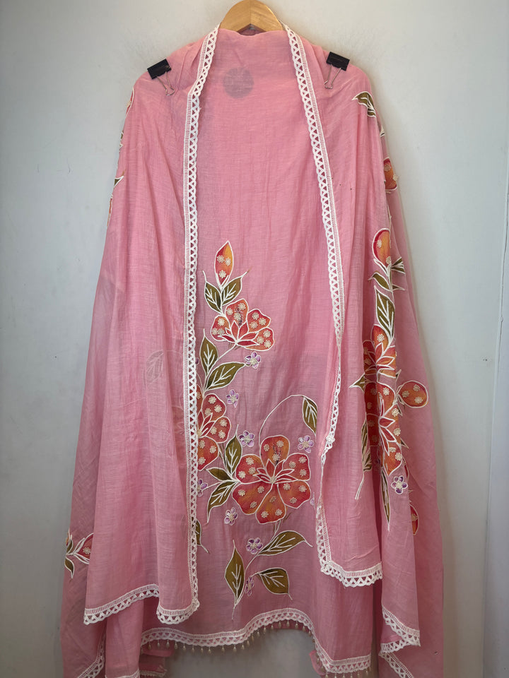 Pink Mul Cotton Brush Print Suit Set with Dori &amp; Tassel Detailing
