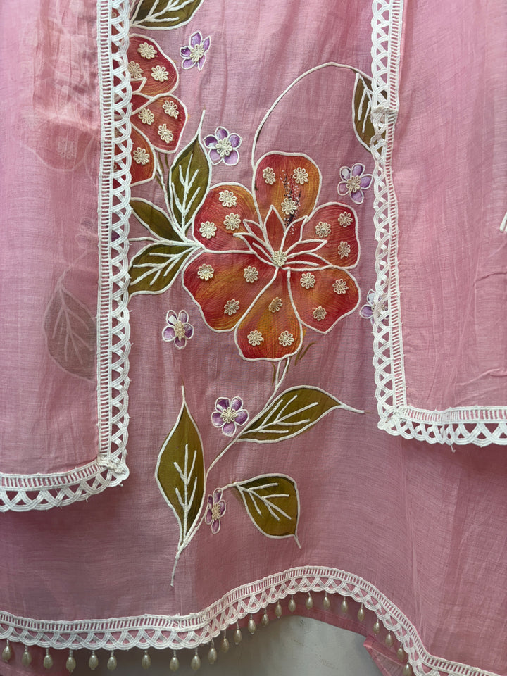 Pink Mul Cotton Brush Print Suit Set with Dori &amp; Tassel Detailing