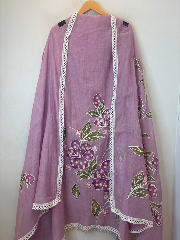 Lavender Mul Cotton Brush Print Suit Set with Dori &amp; Tassel Detailing