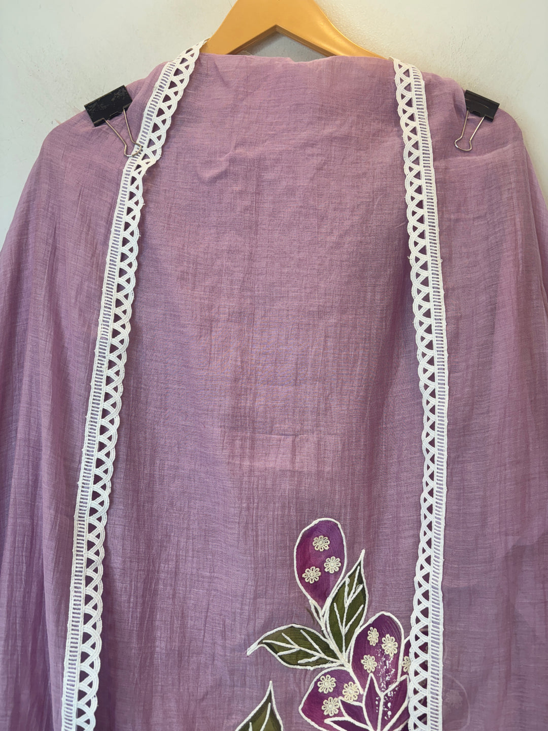 Lavender Mul Cotton Brush Print Suit Set with Dori &amp; Tassel Detailing