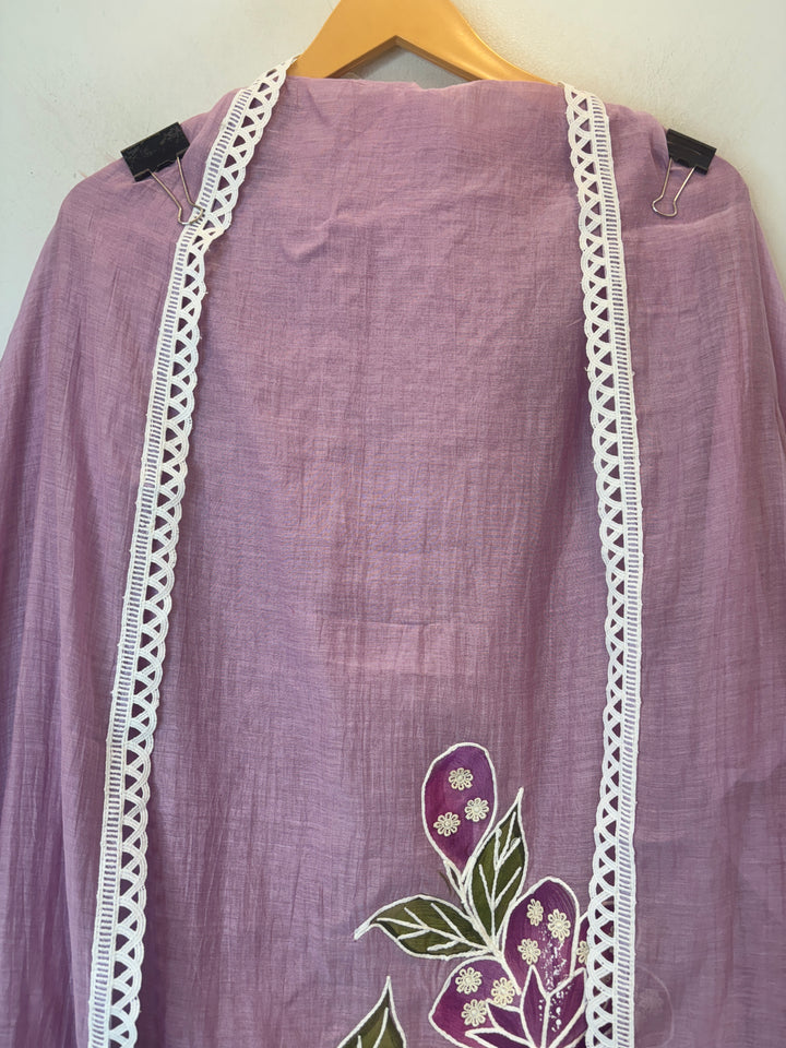 Lavender Mul Cotton Brush Print Suit Set with Dori &amp; Tassel Detailing