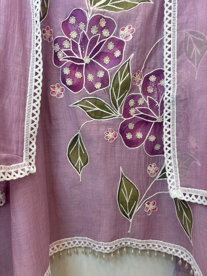 Lavender Mul Cotton Brush Print Suit Set with Dori &amp; Tassel Detailing