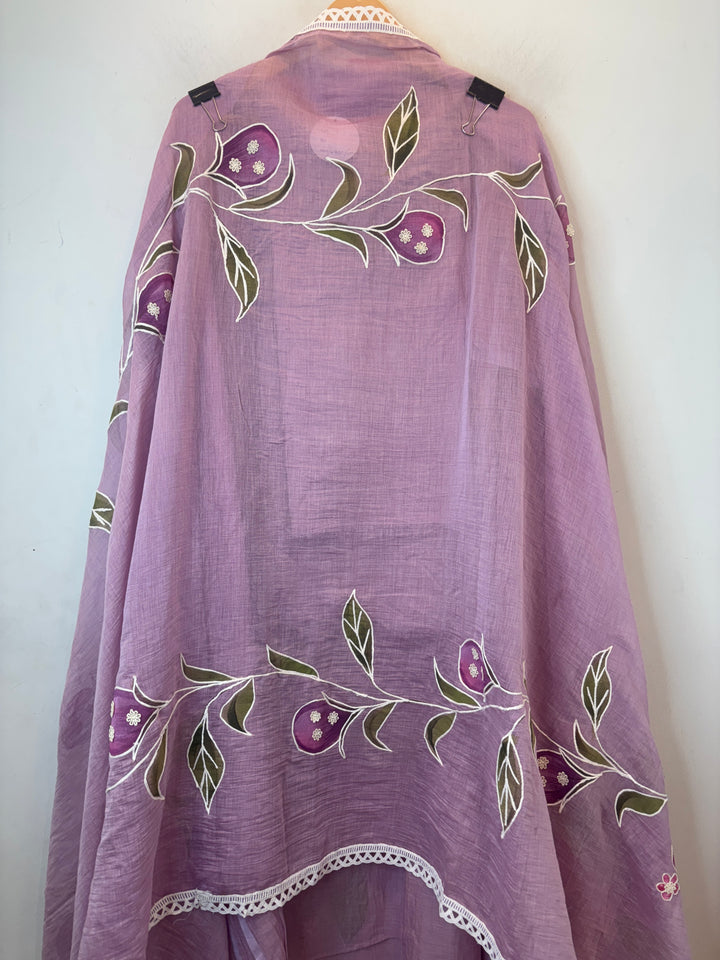 Lavender Mul Cotton Brush Print Suit Set with Dori &amp; Tassel Detailing