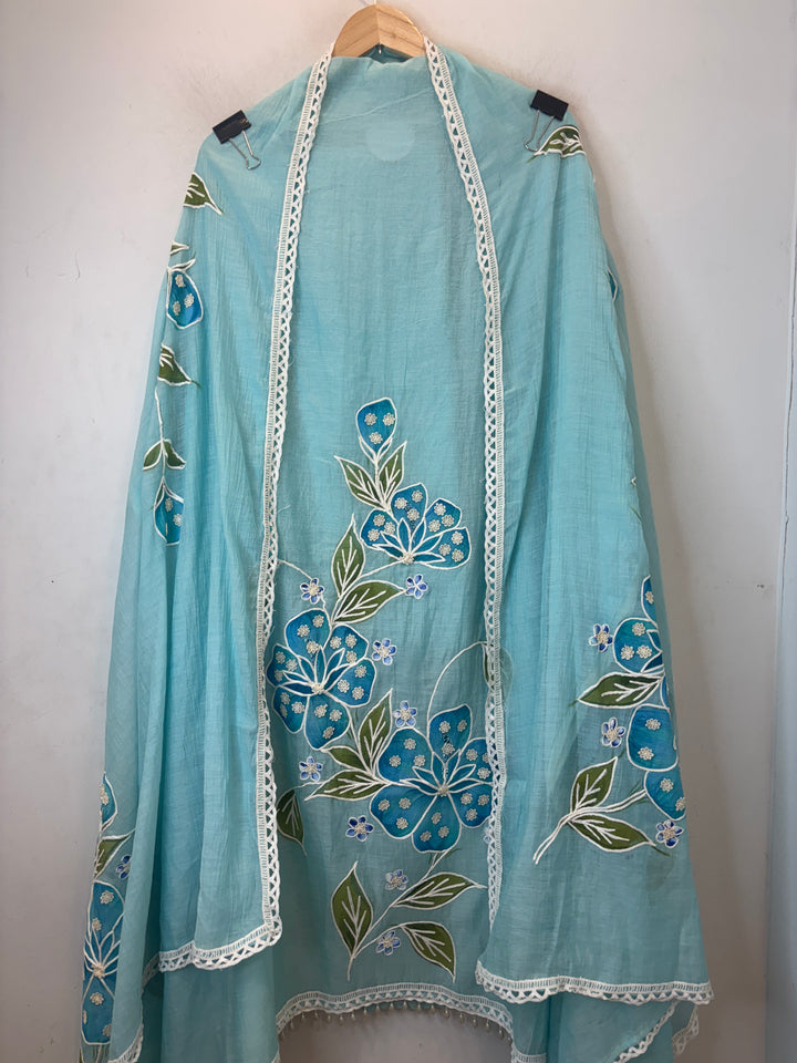 Blue Mul Cotton Brush Print Suit Set with Dori &amp; Tassel Detailing