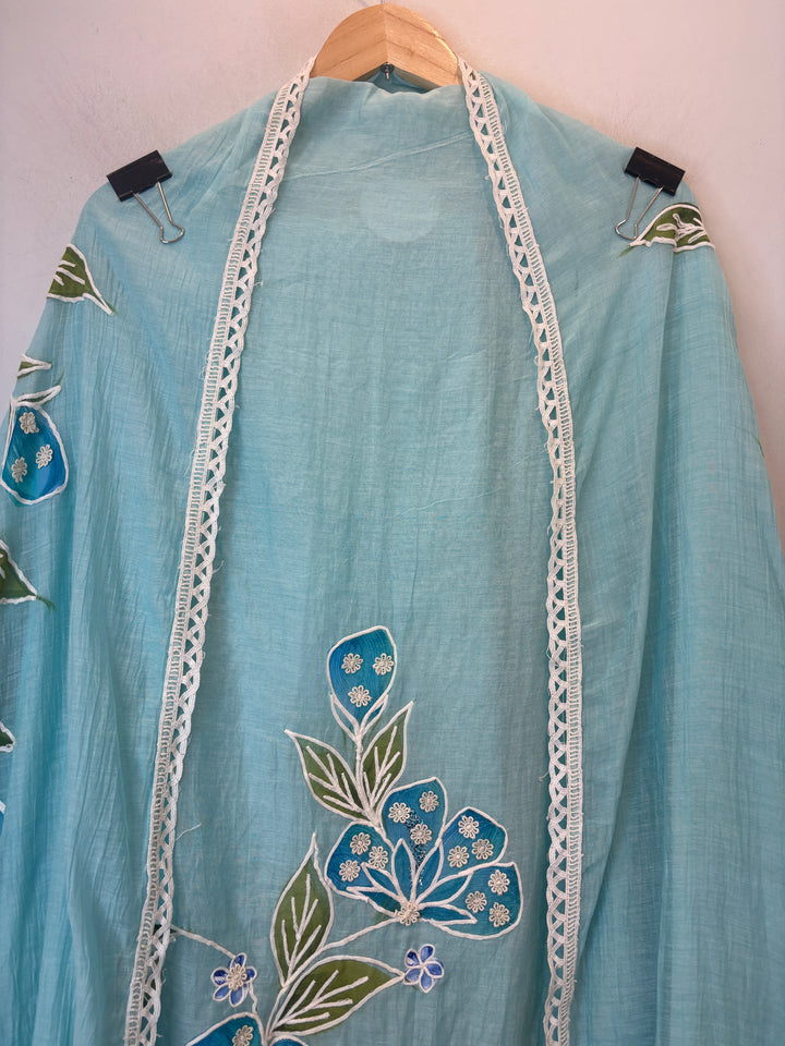 Blue Mul Cotton Brush Print Suit Set with Dori &amp; Tassel Detailing