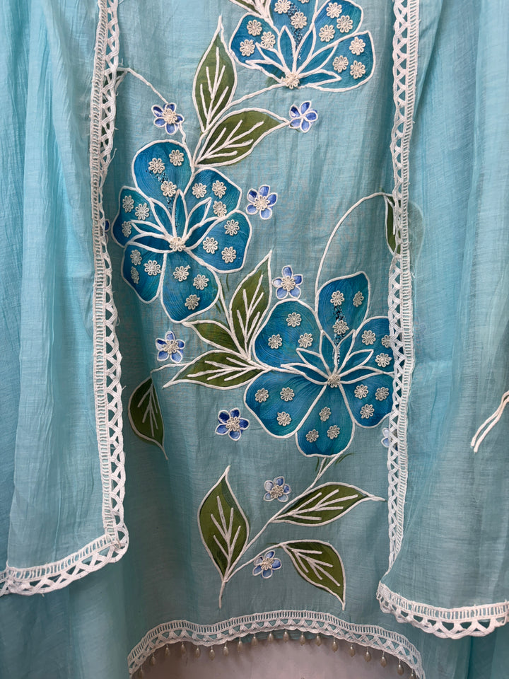 Blue Mul Cotton Brush Print Suit Set with Dori &amp; Tassel Detailing