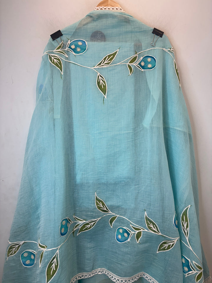 Blue Mul Cotton Brush Print Suit Set with Dori &amp; Tassel Detailing