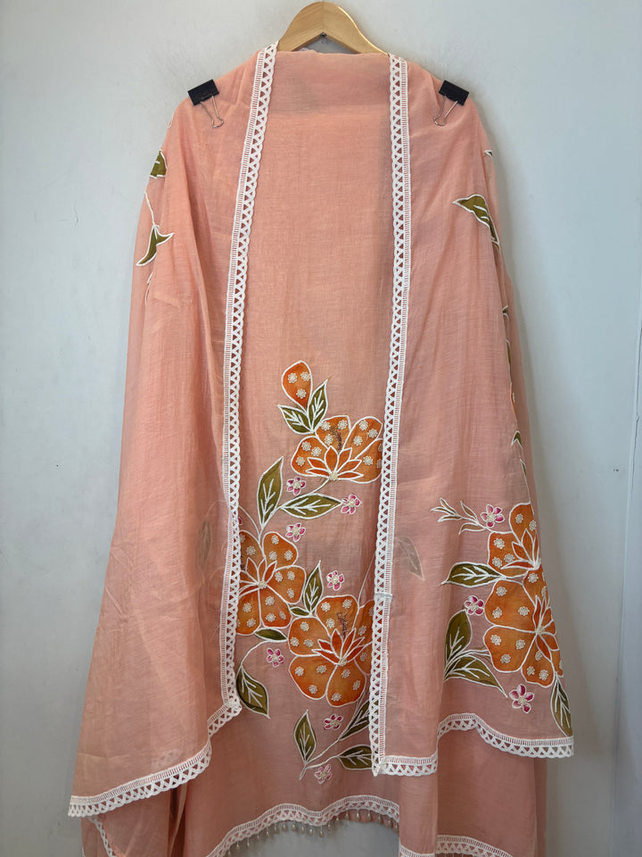 Peach Mul Cotton Brush Print Suit Set with Dori &amp; Tassel Detailing