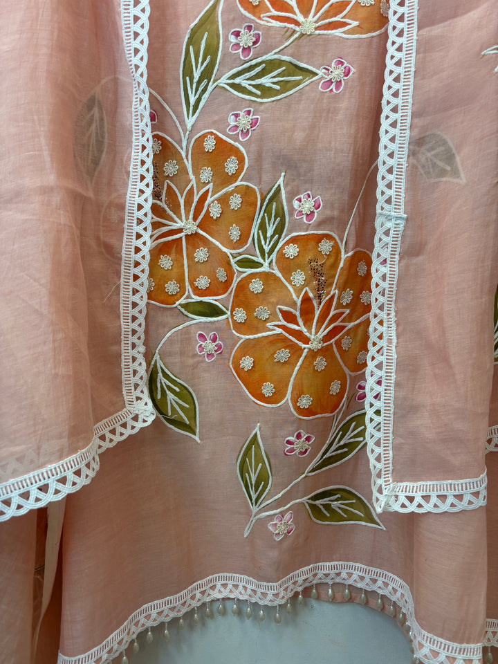 Peach Mul Cotton Brush Print Suit Set with Dori &amp; Tassel Detailing