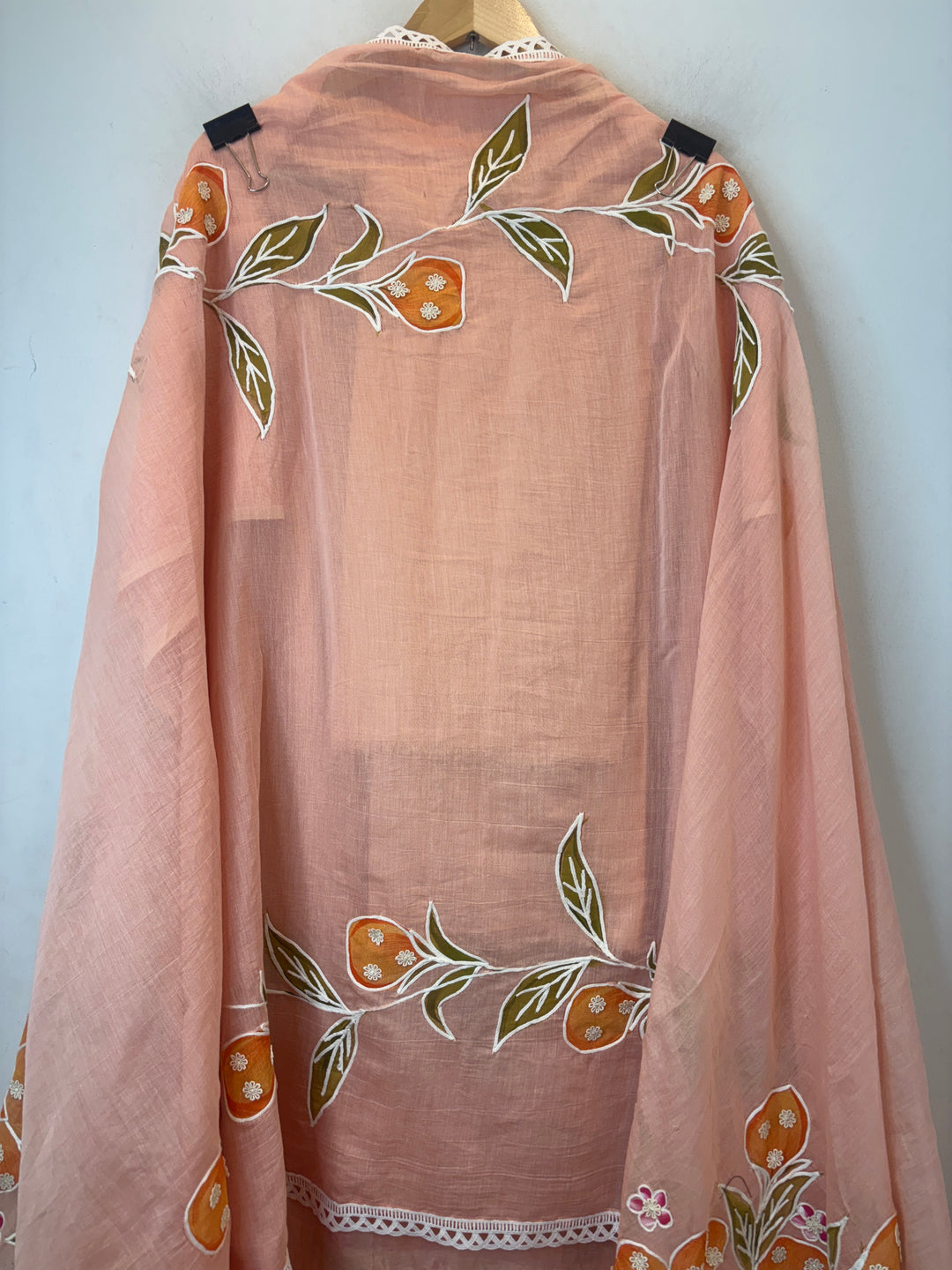 Peach Mul Cotton Brush Print Suit Set with Dori &amp; Tassel Detailing
