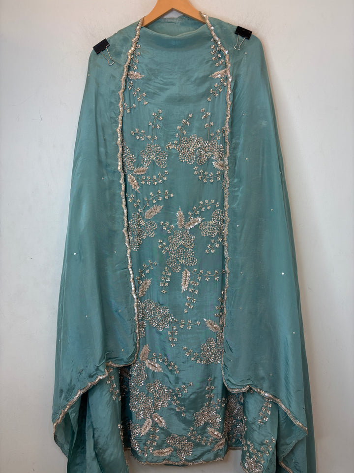 Blue Organza Handworked Suit Set with Cutdana &amp; Sequin Detailing