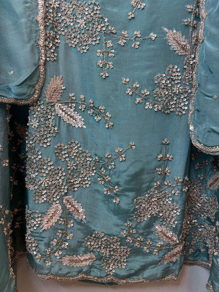 Blue Organza Handworked Suit Set with Cutdana &amp; Sequin Detailing