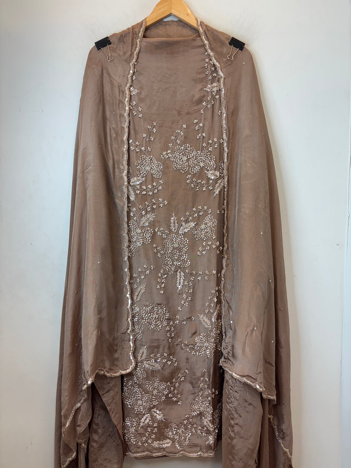 Brown Organza Handworked Suit Set with Cutdana &amp; Sequin Detailing