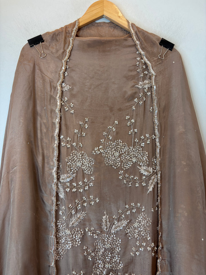 Brown Organza Handworked Suit Set with Cutdana &amp; Sequin Detailing