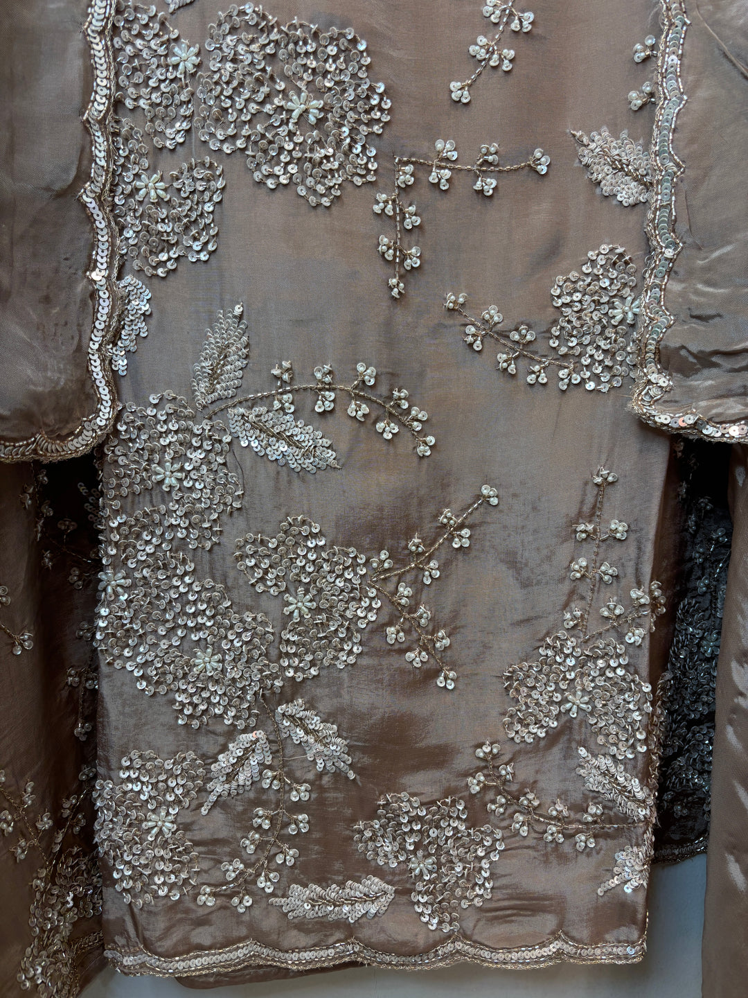 Brown Organza Handworked Suit Set with Cutdana &amp; Sequin Detailing