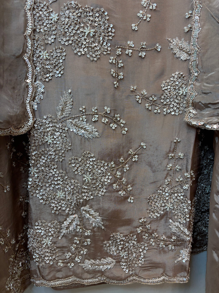 Brown Organza Handworked Suit Set with Cutdana &amp; Sequin Detailing