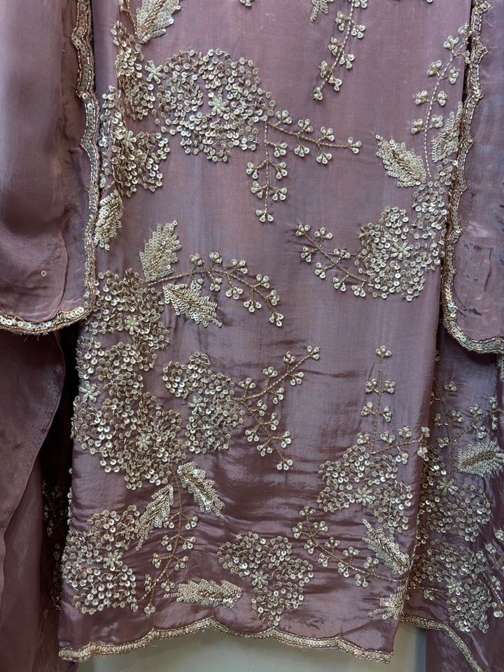 Pink Organza Handworked Suit Set with Cutdana &amp; Sequin Detailing