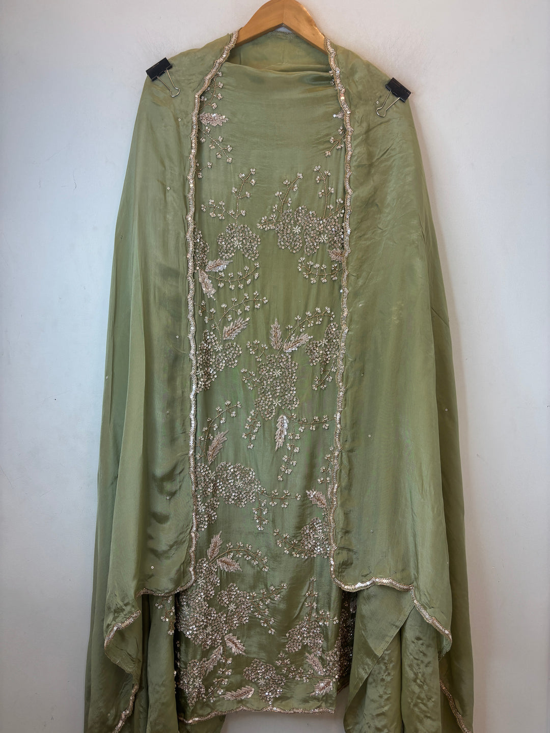 Green Organza Handworked Suit Set with Cutdana &amp; Sequin Detailing