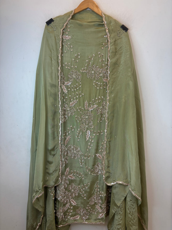 Green Organza Handworked Suit Set with Cutdana &amp; Sequin Detailing