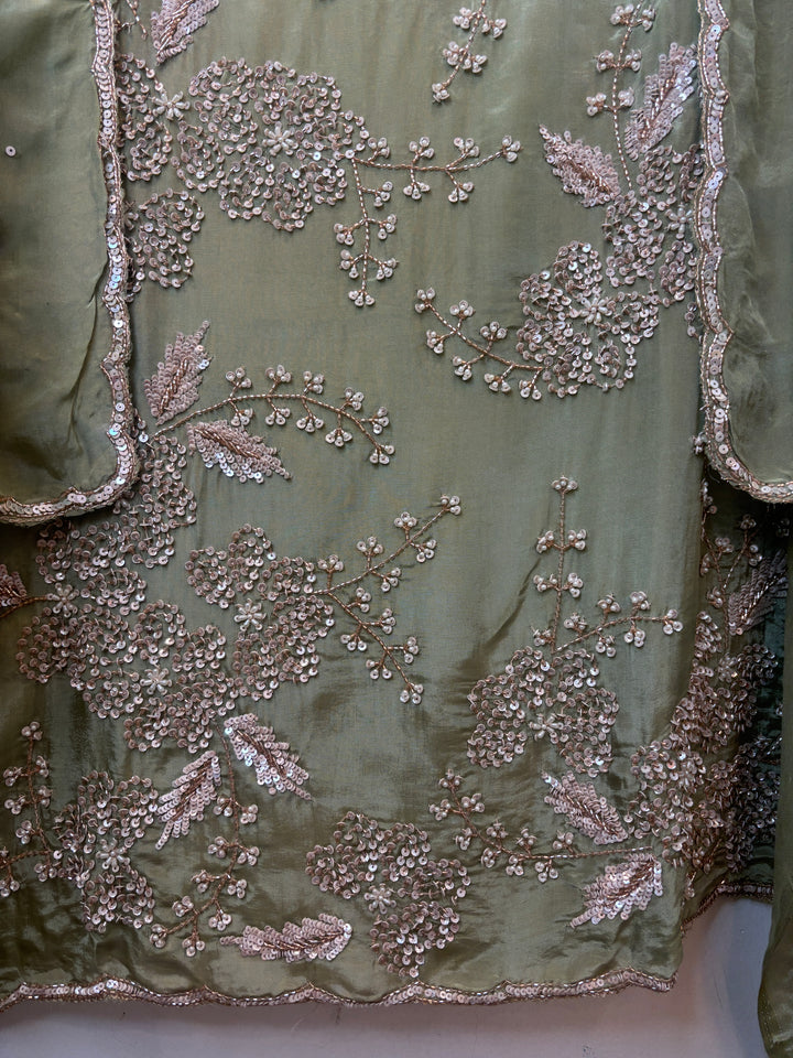 Green Organza Handworked Suit Set with Cutdana &amp; Sequin Detailing