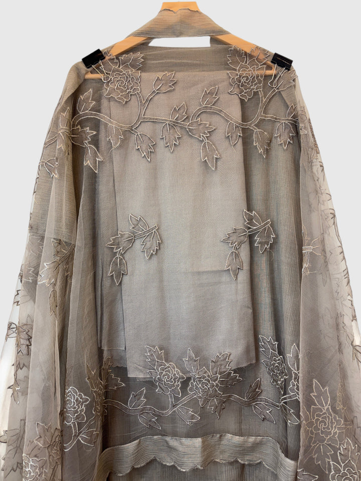Brown Crush Mul Appliqué Suit Set with Cutwork Detailing