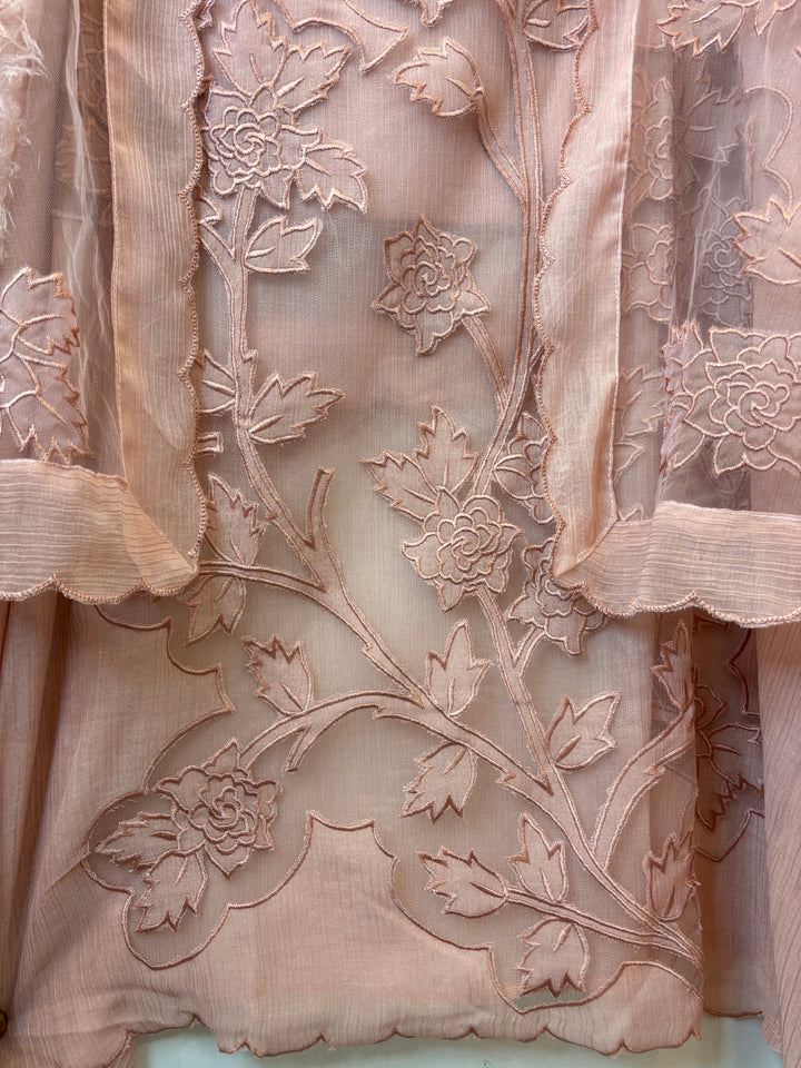 Peach Crush Mul Appliqué Suit Set with Cutwork Detailing
