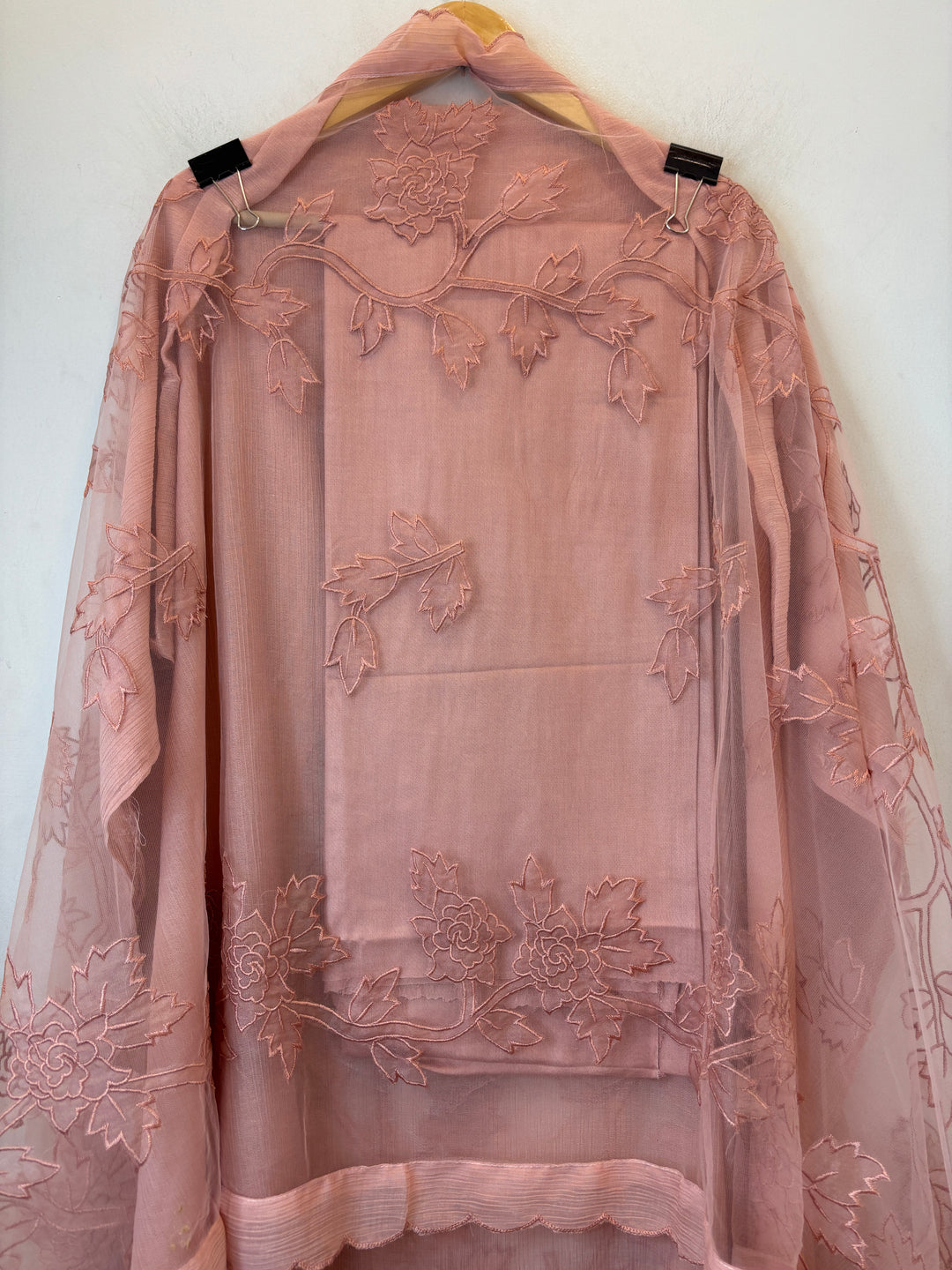 Peach Crush Mul Appliqué Suit Set with Cutwork Detailing